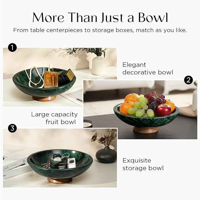 Green Marble Fruit Bowl with Acacia Wood Pedestal, Large Decorative Footed Bowl, Natural Stone Centerpiece for Kitchen Counter, Entryway, Keys, Dining Table, House Warming Gifts New Home(11Inch)