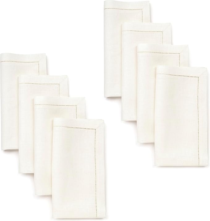 D'Moksha Homes Ivory Linen Napkins Set of 8 - Classic Hemstitch 100% Pure Linen Hemstitch Dinner Napkins 20 x 20 Inch for Valentines, Spring, Easter - Handcrafted and Machine Washable