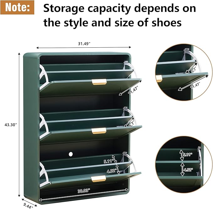 Narrow Hidden Shoe Organizer Cabinet Storage for Entryway, Modern Slim and Skinny Shoe Rack Cabinet with Flip Drawers for Entrance, Hallway - Green