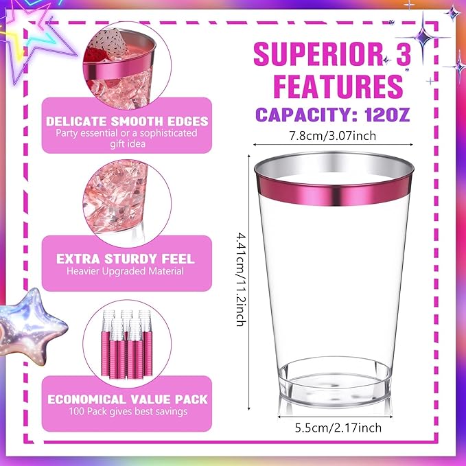 Patelai 100 Pcs Hot Pink Plastic Cups 12 oz Hot Pink Rimmed Plastic Cups Heavy Duty Wine Glasses Clear Cocktail Glasses Valentine's Day Drinking Tumblers for Party Wedding Birthday