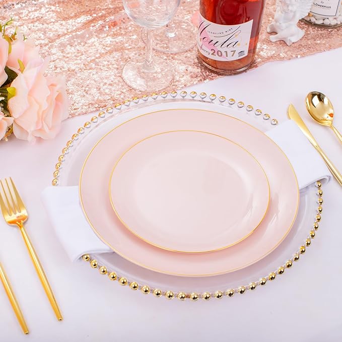 I00000 150 PCS Pink Plastic Plates for Party,Heavy Duty Pink Disposable Plates,Gold Dinnerware Set Include 30 Dinner Plates,30 Dessert Plates,30 Gold Plastic Silverware Set for Valentine's Day