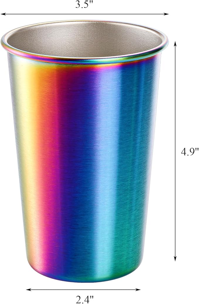 Tosnail 6 Pack 16 oz Stainless Steel Pint Cups Metal Cups Unbreakable Drinking Glasses Water Tumblers for Kids, Adults Indoor and Outdoor Use - Rainbow