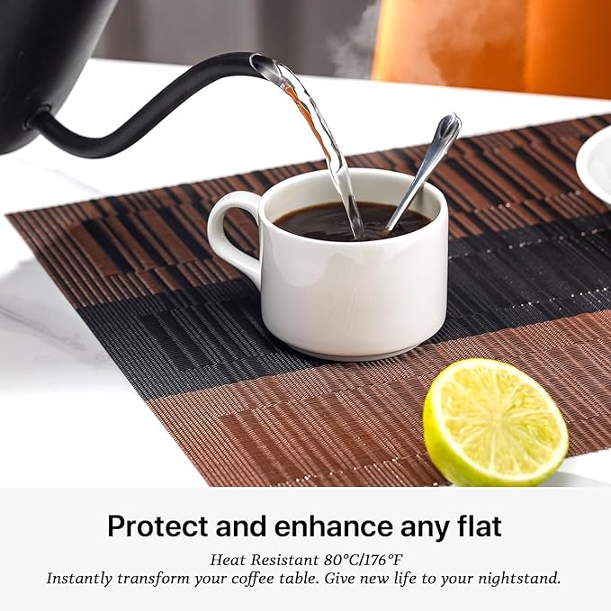 LEXMORE PlaceMats Set of 12 Vinyl/Plastic Woven Place Mats for Kitchen Table Indoor/Outdoor Washable PlaceMat Wipeable Dining Table Mats(Ombre Brown Black)