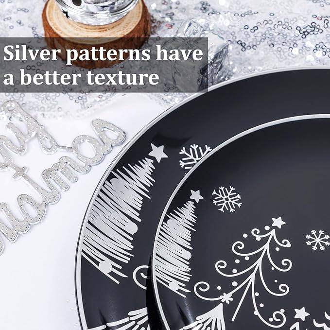 KIRE 150PCS Christmas Plates Disposable & Dinnerware Set for 25 Guests - Black & Silver Plates, Plastic Silverware & Cups With Silver Rim for Christmas/New Year