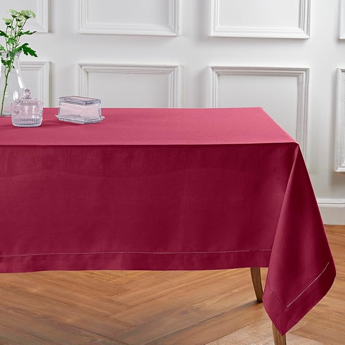 Solino Home Beet Linen Tablecloth 60 x 144 Inch - Classic Hemstitch, 100% Pure Linen Rectangular Tablecloth - Machine Washable Table Cloth for Valentines, Easter
