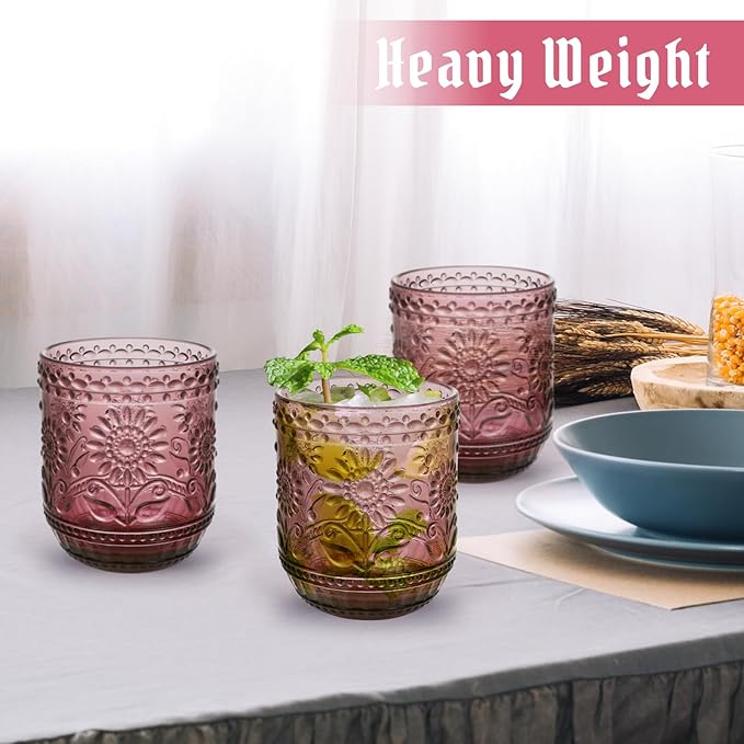 Topsky Vintage Drinking Glass Set of 4,12 oz Embossed Floral Drinkware Set,Pink Purple Drinking Glasses Cups Wine Glasses Colored Glassware for Whisky,Beer,Juice,Cocktail,Heavy Duty