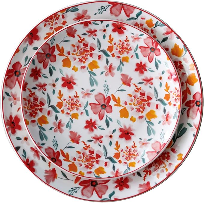 Porcelain Floral Plates 8 Inches &10 Inches 4 Pieces Total,Ceramic Dessert Plate,Appetizer Salad Plate Set, Dinnerware Dinner Plates for Kitchen,Cake Snacks