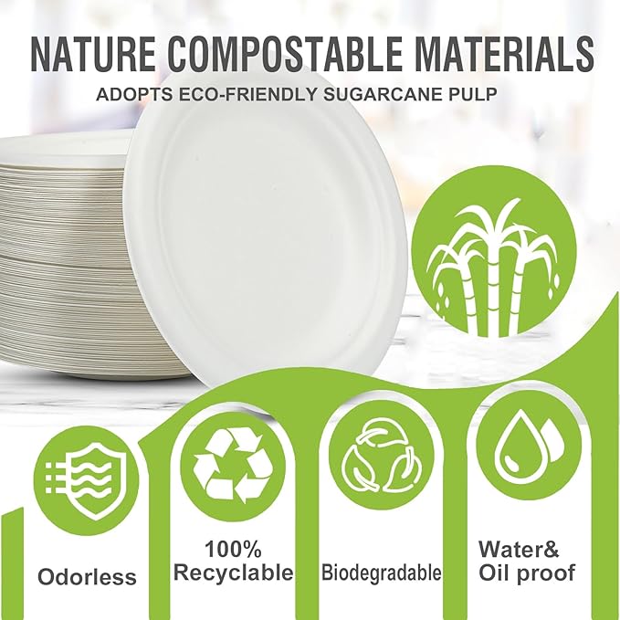 Disposable Plates 100% Compostable Heavy Duty - 9 Inch paper plates bulk for Party, Dinner, Cake, Dessert, Snacks Eco-Friendly White