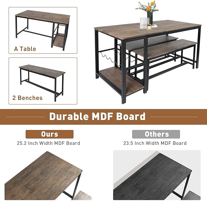 3 Piece Rustic Brown Rectangular Dining Table Set with Bench, 55''L x 25.2''W, Mid Century Modern Dining Set for Small Spaces, Compact with Storage Shelf Rack, Wine Rack