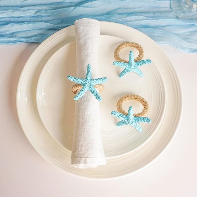 Starfish Napkin Rings Set of 6, Blue Sea Star Napkin Ring Holders for Crafts, Beach, Dinner Party, Wedding, Theme Party, Banquet, Nautical, Coastal Table Decor