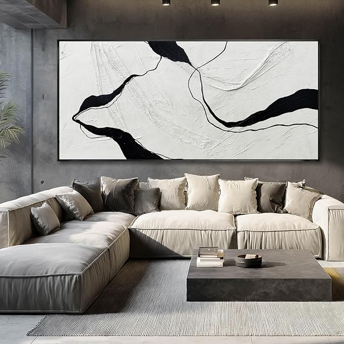 Extra Large Black Line Abstract Hand Painted Canvas Wall Art Gray and Black Minimalist Modern Painting with Framed for Living Room Bedroom Office Wall Decor 40x88 Inch