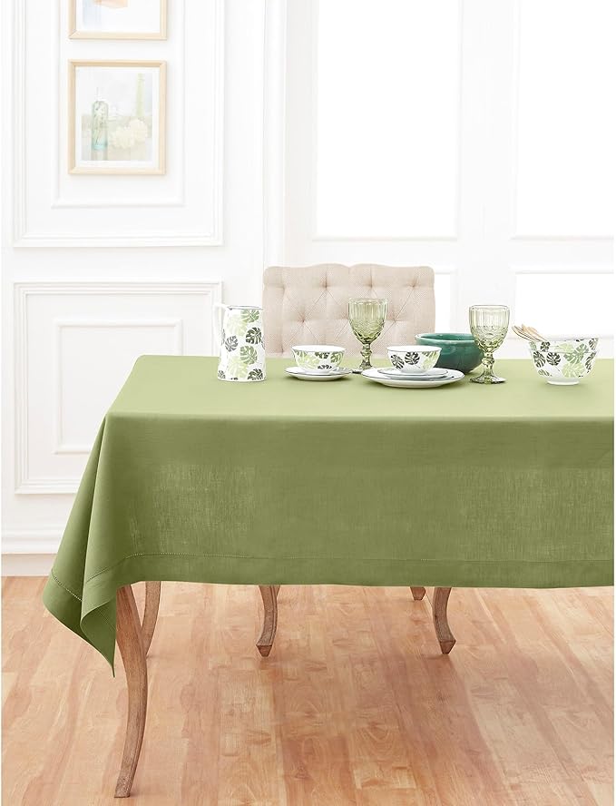 Solino Home Linen Tablecloth 60 x 144 Inch - Classic Hemstitch 100% Pure Linen Moss Green Table Cloth for Rectangle Tables - Machine Washable Tablecloth for Winter, Spring, St Patricks Day, Easter