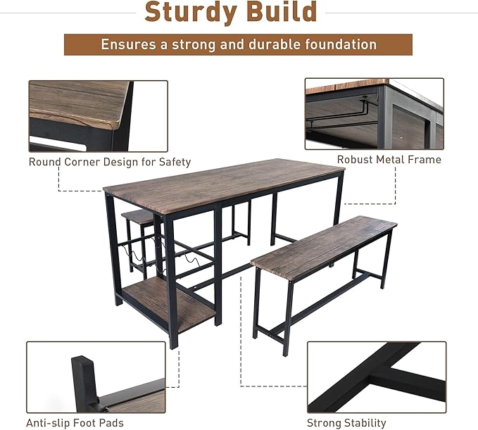 3 Piece Rustic Brown Rectangular Dining Table Set with Bench, 55''L x 25.2''W, Mid Century Modern Dining Set for Small Spaces, Compact with Storage Shelf Rack, Wine Rack