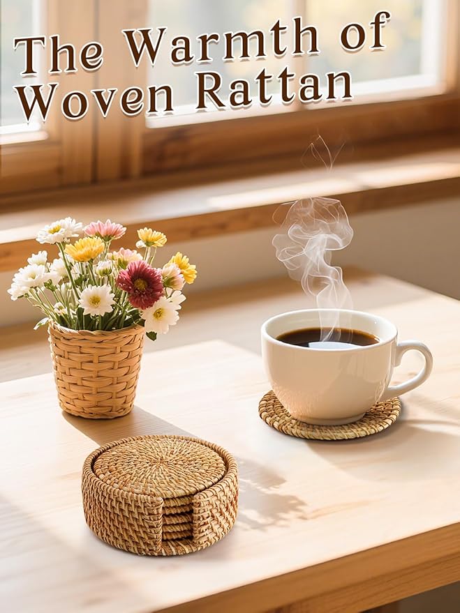 6pcs Natural Handmade Rattan Coasters with Holder - Wicker Drink Coasters Set for Protecting Table, Housewarming Gifts Boho Home Decor