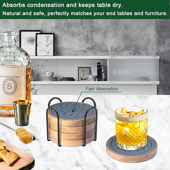 5 Pack Coasters for Drinks Absorbent, Coasters for Coffee Table with Holder, Non-Slip, Non-Stick, Suit for Kinds of Cups 4.3 inch Gray