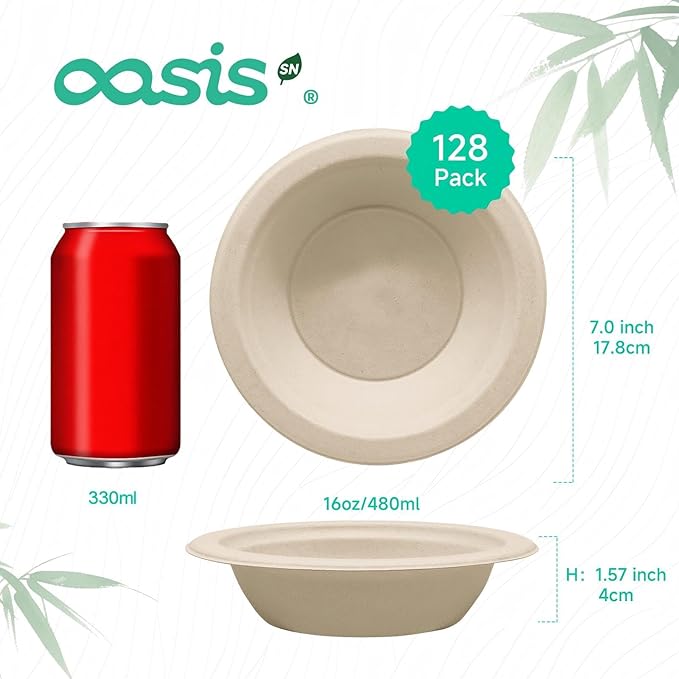 𝟭𝟲 𝗼𝘇, 𝟭𝟮𝟴-𝗣𝗮𝗰𝗸 Compostable Paper Bowls, Heavy-Duty Biodegradable Disposable Bowls Made from Bagasse, Eco-Friendly, Microwave & Freezer Safe (Natural)