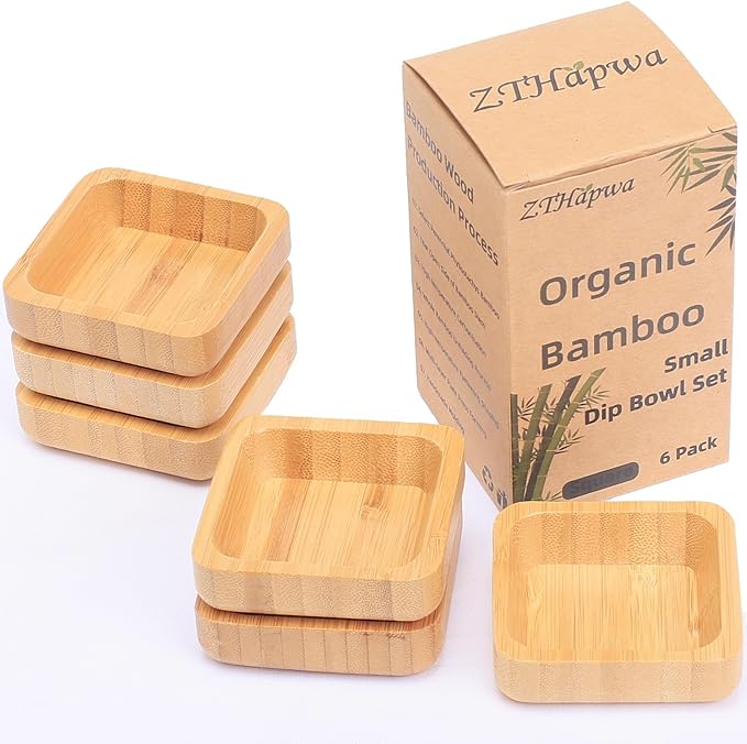 Snack Bowl Set, Small Bamboo Sauce Dish Dipping Bowls for Appetizers, Dips, Sauce, Nuts, Candy, Olives, Seeds, Desserts and More, Square 1.4 oz