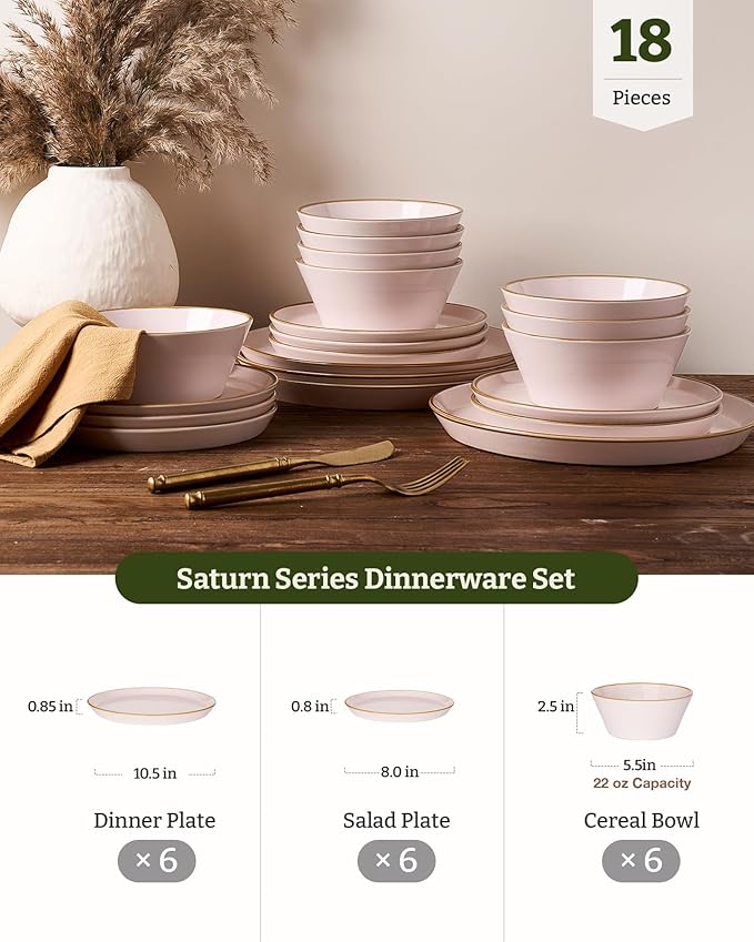 Famiware Saturn Plates and Bowls Dish Sets for 6 (18 Pieces), Stoneware Dinnerware Set with Hand-Painted Trim - Chip & Scratch Resistant, Microwave & Dishwasher Safe Ceramic Dishes, Light Pink