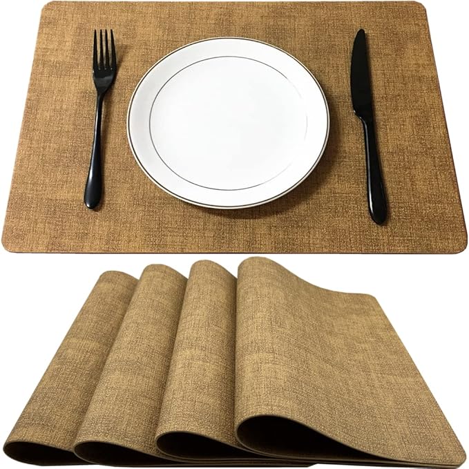 WAZAIGUR Waterproof Easy to Clean Heat Resistant Thick Faux Leather Washable Placemats Set of 4 Brown