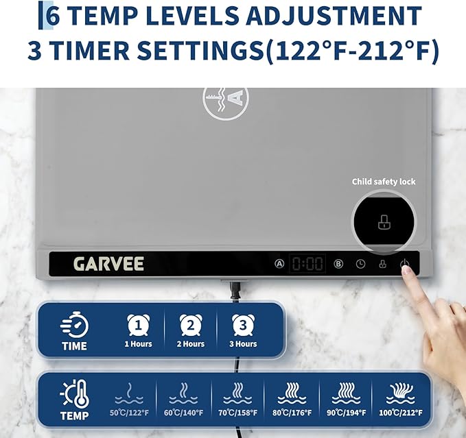Garvee 3rd Gen Upgraded Food Warming Mat, AB Dual Zone Independent Heating, 24" x15" Electric Warming Tray with 6 Temp Levels & 1-3H Timer, Portable Food Warmer for Parties Buffet, Easy to Clean, Grey