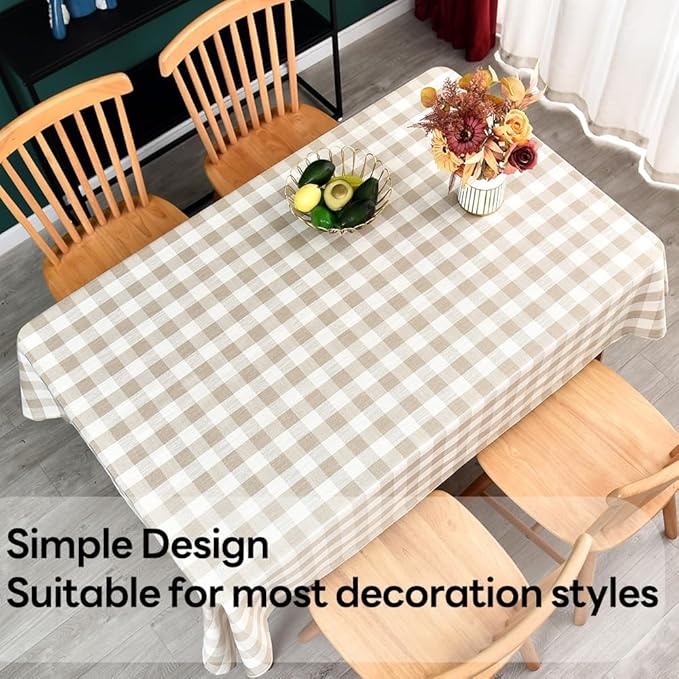 Gingham Table Cloth for Square Tables Beige Checkered Plaid Tablecloth Heavy Duty Cotton Blend Washable & Wrinkle Table Cover for Outdoor Kitchen Dining Picnic Camping (60x60 Inch)