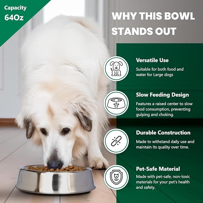 Iconic Pet 64 oz/ 8 Cup Stainless Steel Non Skid Pet Food/Water Bowl - Noise Free Ant Resistant Dog/Cat Feeding Bowl with Unique Design & Rubber Base Makes It an Elegant Ant Proof Dish