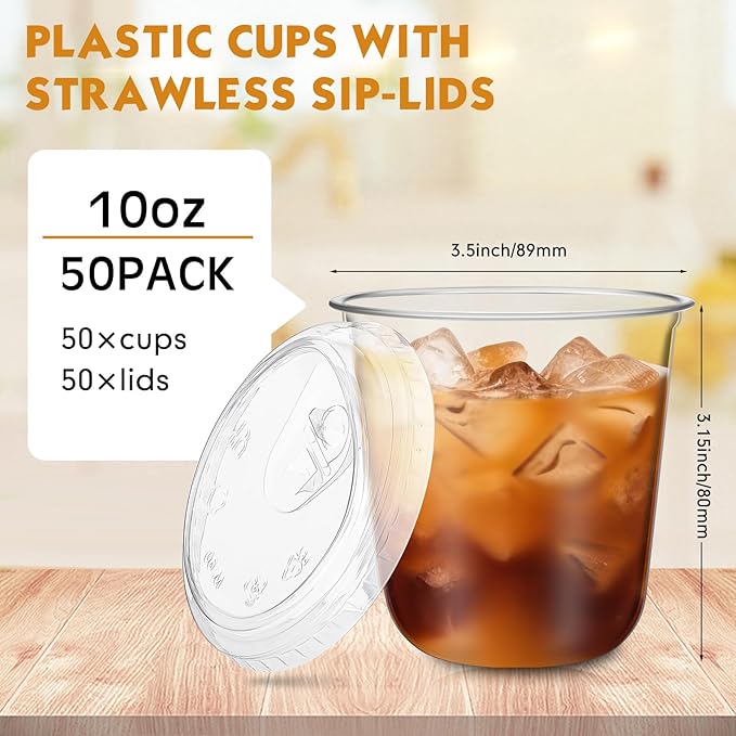 50 Sets Clear Plastic Cups with Strawless Sip Lids, Thickened Clear Disposable Plastic PET Crystal Cups for Iced Coffee, Smoothie, Cold Beverage, Drink Shops and Party Catering (10 oz)