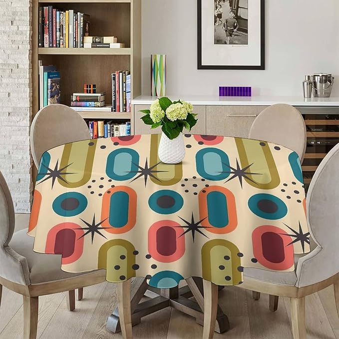 Mid Century Bohemian Round Tablecloth, Modern Medieval Geometric Abstract Print Tablecloth for Home Party Dining Room Kitchen Decor 36Inch(90cm)