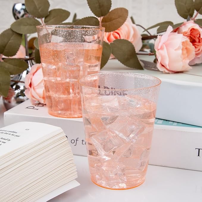 DaYammi 100 Pack 10oz Pink Plastic Cups for Party Premium Glitter Disposable Plastic Cup for Martini and Cocktail, Hard Pink Disposable Cups for Wedding,pink cups for Valentine's Day Party