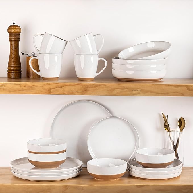 AmorArc 8.75'' Large Ceramic Pasta Bowls, 38oz Handpainted Stoneware Bowls Set of 4, Microwave&Dishwasher Safe Bowls with Rustic Terracotta Underside for Pasta Salad, White