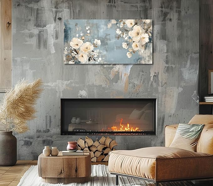 ADJUVANT Wall Art Vintage Floral 40" L x 20" W, Creamy Flowers On Distressed Blue Background Canvas Painting Blossoms Artwork Prints Floral Wall Decor for Living Room Bedroom Dining Room Home Office