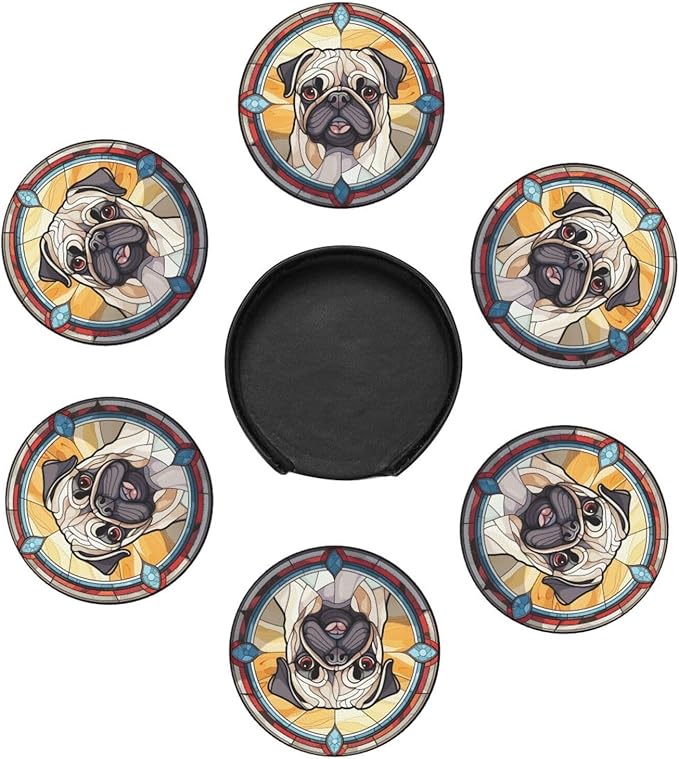 Drink Coaster Set of 6, Pug Dog Mom Lover Gift,Leather Drink Coasters with Holder,6 Pack Cup/Bar/Drink Coasters for Table/Drinks/Coffee Protection Housewarming Gift