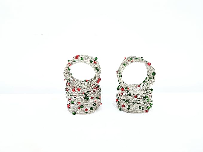 Silver Red Green Beaded Napkin Ring Set of 12 - Beautiful Elegant Decorative Napkin Holder for Christmas/Dinner Table Decoration/Farmhouse/Wedding/Party/Family Gathering/New Year & Everyday Use