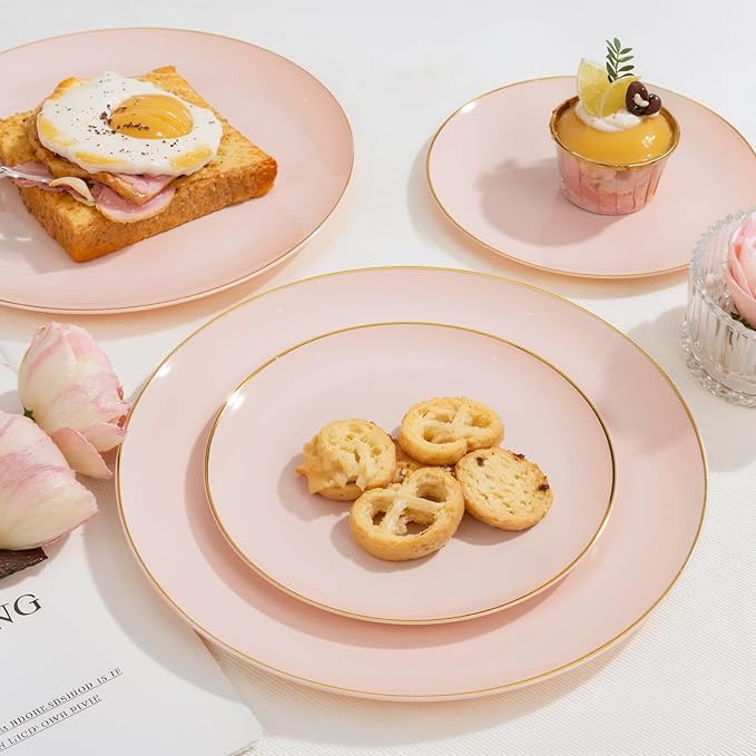 PULOTE 200Pieces Pink Plastic Plates - Premium Hard Pink and Gold Disposable - Include 100PCS 10 inch Dinner & 100PCS 7 inch Dessert Plates, Ideal for Wedding, Party & Valentines Day