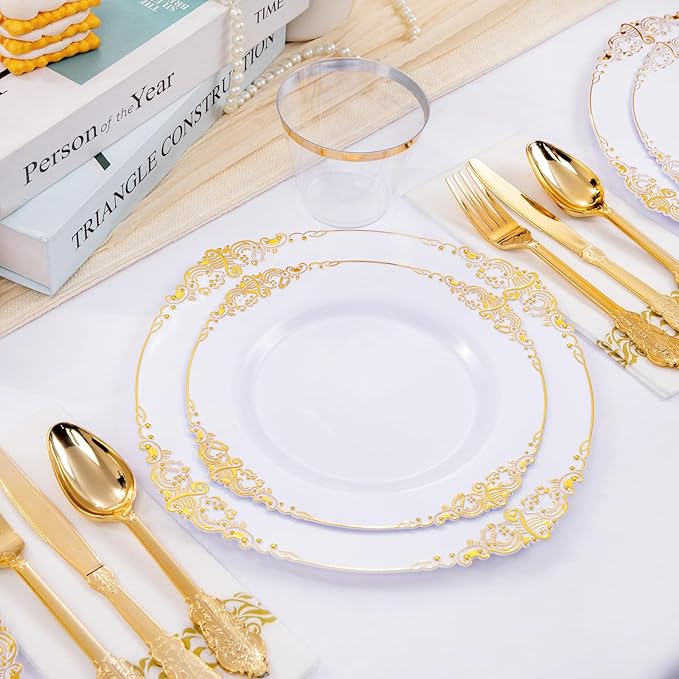 Hioasis 175pcs White and Gold Plates - White Party Plates for 25 Guest, Include 50 Heavy-duty Plates(20% Thicker Than Standard), 25 Cutlery Set, 25 Napkin, 25 Cups