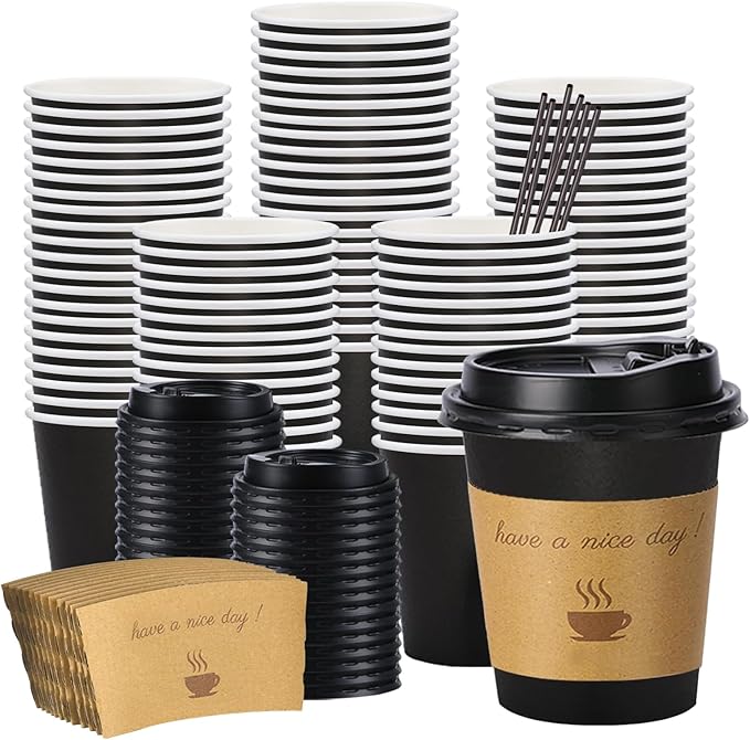 100 pack 10 oz Thickened Coffee Cups with Lids, Scald Resistant Hot Cups with Sleeve and Straw, To Go Coffee Cups for Home, Office, Cafes and Party (Black 10oz)