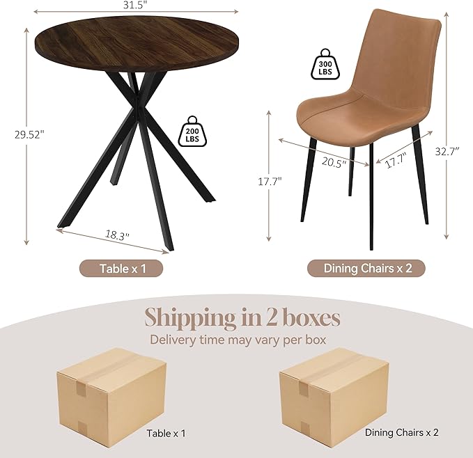 31.5" Round Dining Table and Chairs Set for 2, Small Dining Table Chairs Set Space-Saving, Small Dinette Sets for 2 for Kitchen Dining Room Apartment(Walnut Table + Brown Chairs)