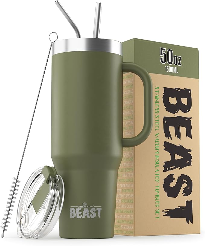 Beast 50 oz Tumbler with Handle Stainless Steel Vacuum Insulated Coffee Ice Cup Double Wall Travel Flask (Army Green)
