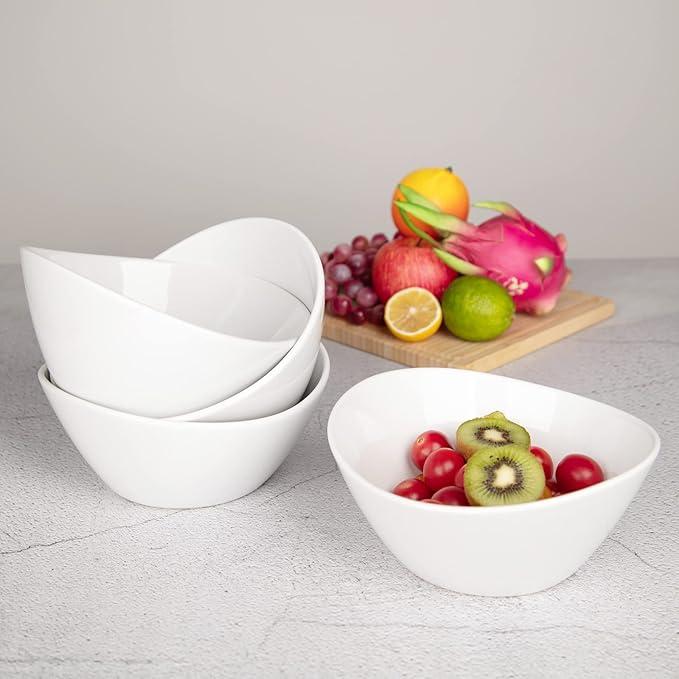 GarveeHome 8 in Ceramic Deep Soup Bowls & Salad Bowls - 42 oz Large Bowls Set of 4 for Kitchen - White Ceramic Serving Bowls for Salads, Cereal, Soup, Dishwasher & Microwave Safe