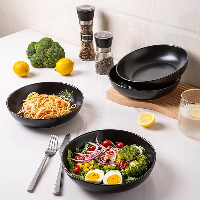 AmorArc 8.5 Inch Stoneware Pasta Bowls, 32oz Large Bowls Set of 4 for Kitchen, Wide Bowls for Pasta,Salad,Oatmeal, Microwave&Dishwasher Safe, Matte Black