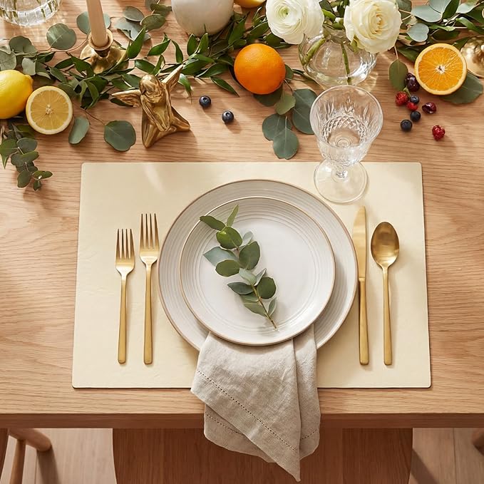 Artoid Mode Beige Faux Leather Placemats Set of 6, 12x18 Inch Waterproof Wipeable Heat Resistant Vinyl Place Mats, Reversible Table Mats for Kitchen Dining Decor