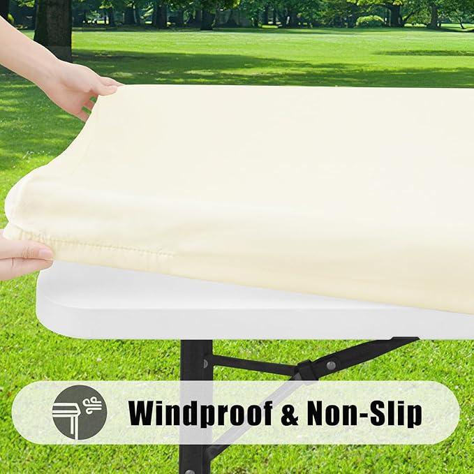 Smiry Rectangle Picnic Table Cloth, Waterproof Elastic Fitted Tablecloths for 6 Foot Tables, Washable Polyester Table Cover for Camping, Indoor and Outdoor (Beige, 30"x72")