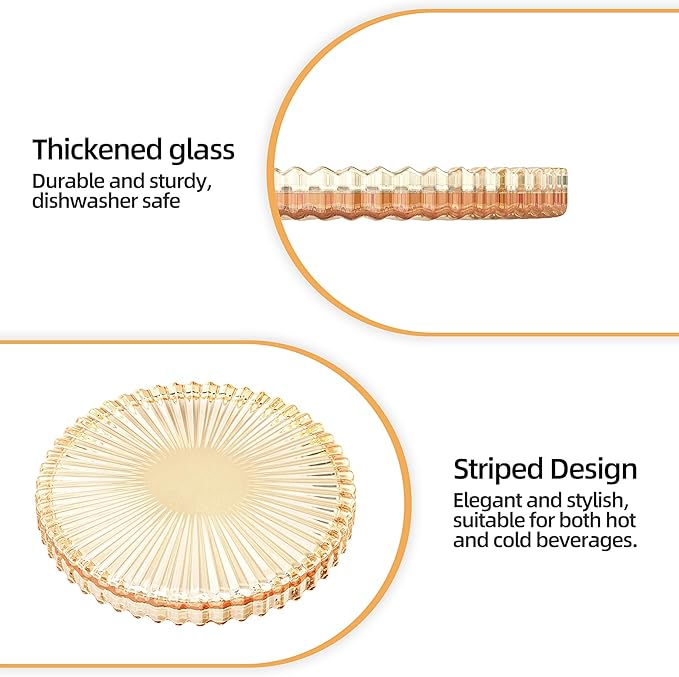 Amber Glass Coaster Set of 5,Round Glass Coaster,Suitable for Cafes, Dining Tables, Offices, Bars, Terraces (Amber)