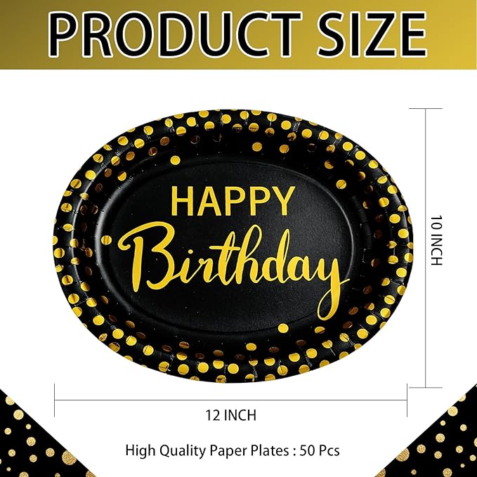 50Pcs Black and Gold Birthday Oval Paper Plates 10" x 12" Large Heavy Duty Disposable Black Gold Happy Birthday Decorations Golden Dessert Party Plate for Women Men Winter Xmas Holiday Party Supplies