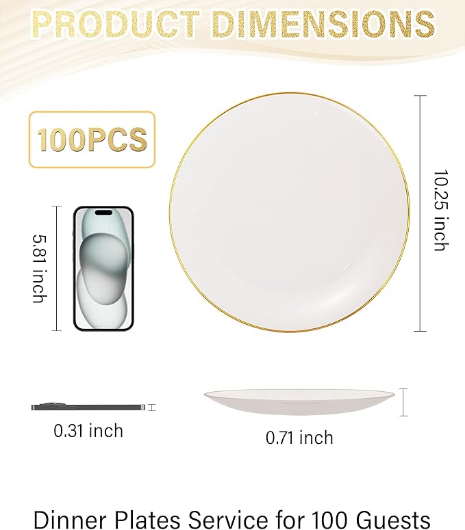 Nervure 100Pcs Ivory and Gold Plastic Plates - 10.25inch Disposable Ivory Dinner Plates - Heavy Duty Plastic Plate Ideal for Wedding & Party