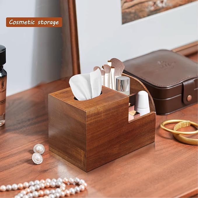 BIBELUN Square Tissue Box Cover,Multi-Functional Wood Tissue Box Holder with Storage Grid,Tissue and Remote Control Holder,Decorative Facial Tissue Cube Box Organizer for Desk,Nightstand,Bathroom