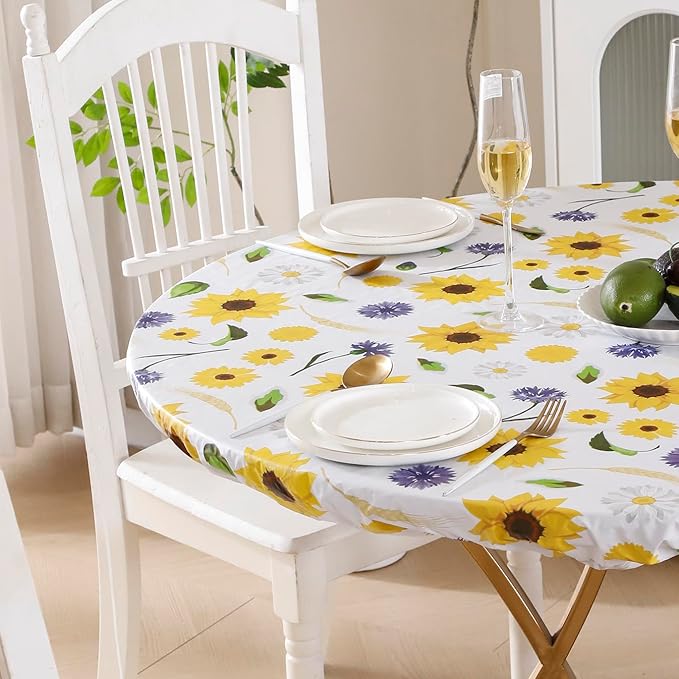 Walrus Round Vinyl Fitted Tablecloth with Flannel Backing Elastic Edge Design Table Cover Waterproof Oil-Proof PVC Table Cloth Stain-Resistant Best for 32"-36" Round