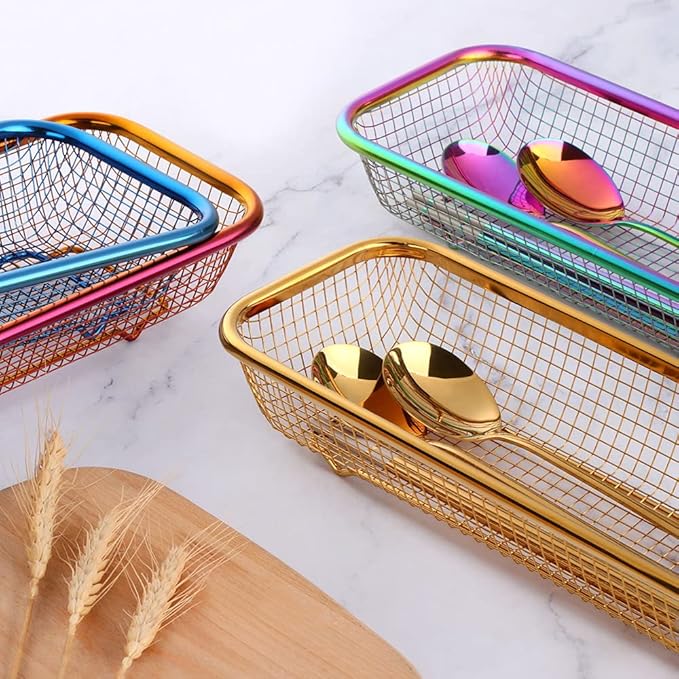 Kitchen Drawer Organizer, Stainless Steel Storage Container Metal Cabinet Storage Basket for Holding Silverware Kitchen Utensil, Pack of 2, Orange