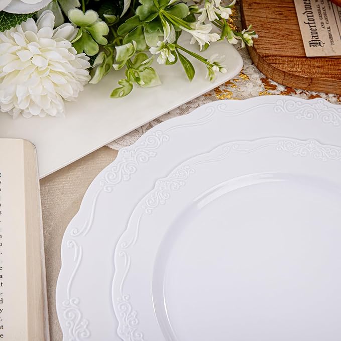 U-QE 100 Pieces White Plastic Plates - White Disposable Plates - Premium Hard Plastic Disposable Plates for Wedding and Party Use Including 50 Dinner Plates 10 '' & 50 Dessert Plates 7.5 ''