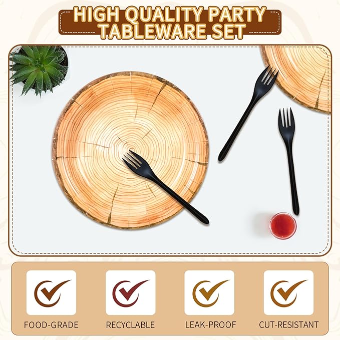 Tioncy 50 Pieces Wood Grain Paper Plates 7" 9" Rustic Wood Slice Plate Farmhouse Round Disposable Dinner Dish for Woodland Baby Shower Lumberjack Birthday Party Supplies